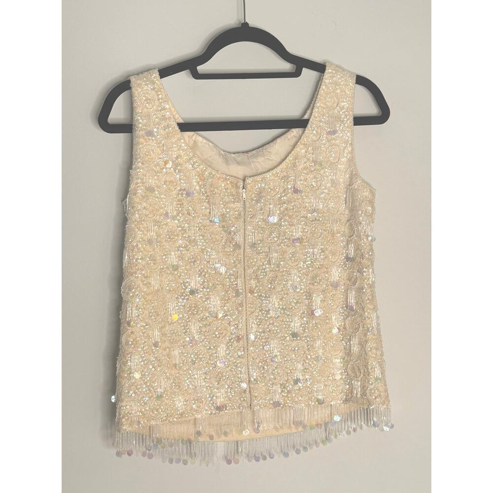 Vintage Lillie Rubin Champagne Beaded Fringe Embellished Evening Shell 36 (S) - Picture 2 of 7